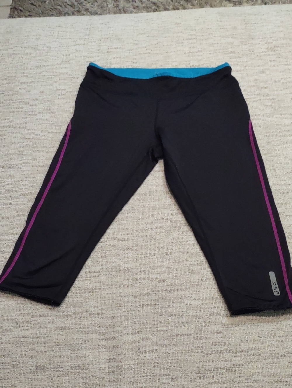 Asics Black Capris with Blue Waistband and Purple Accent